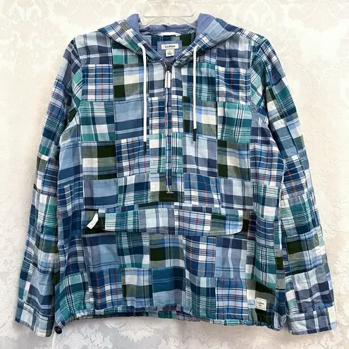 L.L. Bean Women’s Madras Blue/Green Plaid Pullover Anorak SIZE PETITE SMALL GUC