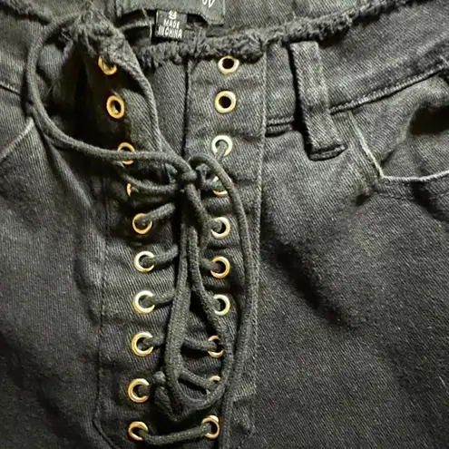 Current Mood Dolls Kill Stitch Lace-Up Patchwork Jeans black stretch denim s