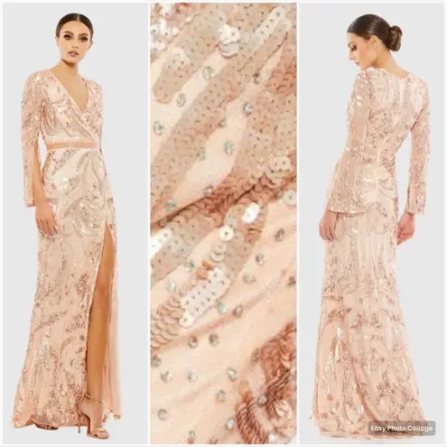 Mac Duggal 5222 Womens SEQUINED FAUX WRAP SPLIT LONG SLEEVE GOWN