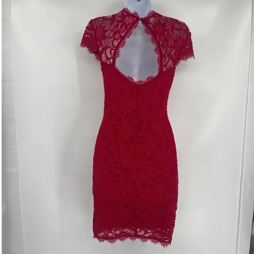 Red Lace Bodycon Dress Sz S Holiday Jump Apparel Party Sexy Glam Fringe Y2K NYE