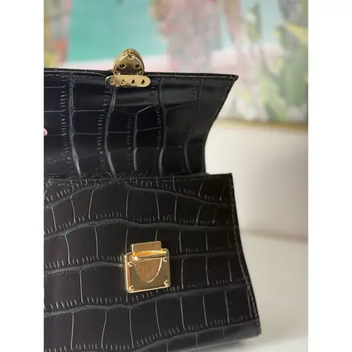 Black Croc Faux Leather Mini Top Handle Purse Gold Buckle Small Handbag