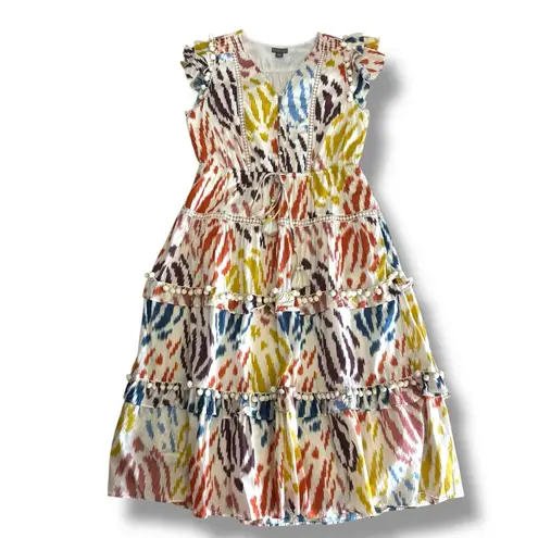 Point Sur J.Crew Cream Multi Color Pom Pom Tiered Midi Dress