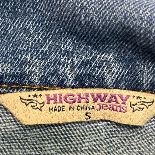 Highway Jeans HIGHWAY JEANS DISTRESSED DENIM JACKET SZ S WITH EMBROIDERED ROSES FRONT/BACK
