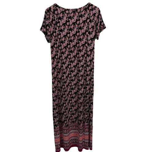 5 for $25| J. Jill Seamed Knit Floral Border Ultra Soft Flowy Maxi Pocket Dress Black
