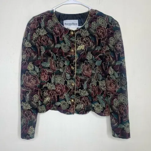 Another Thyme Vintage 90s Velvet Floral Gold Metallic Sparkle Blazer Size PM Black