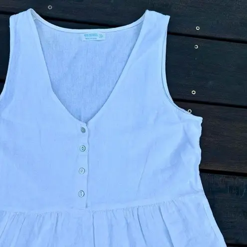 White Linen Mini Dress Babydoll Dress w/ Button