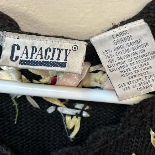 Vintage Black Embroidered Floral Sweater L Ramie Cotton 90s Size L