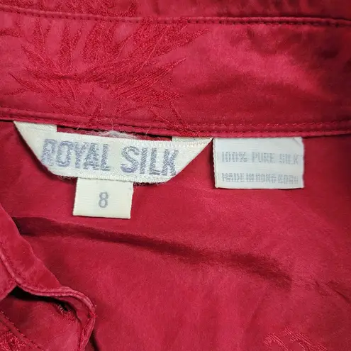 Vintage Royal Silk Womens Shirt 8 Red Button Down Embroidered Floral