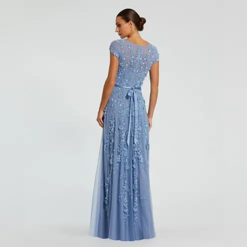Mac Duggal 14521 Blue Floral Embellished Short Sleeve Mesh Gown Dress