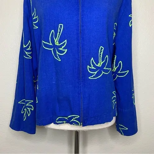 Erin London Linen Blend Vintage Blue Palm Trees Zip Up Hoodie Jacket