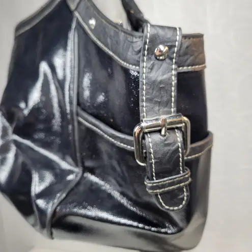 Via Spiga Womens Shoulder Bag Large Black Patent Leather Pockets Lined Hobo