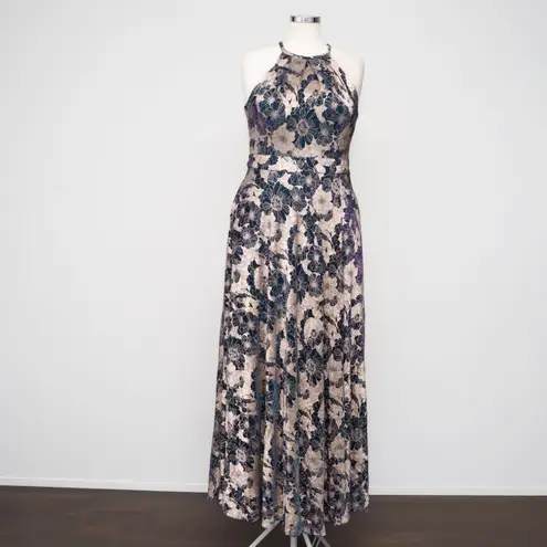 Betsy and Adam . Layla Halter Top Foil Print Gown.