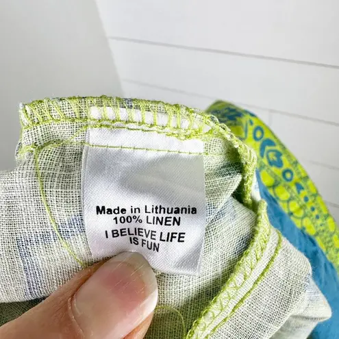 Flax Linen Midi Skirt Size Small Floral Lime Blue Lagenlook Pull On Pockets