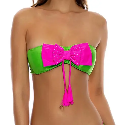Luli Fama Pink Green Rhinestones Bandeau Bow Tassels Halter Bikini Top NWT