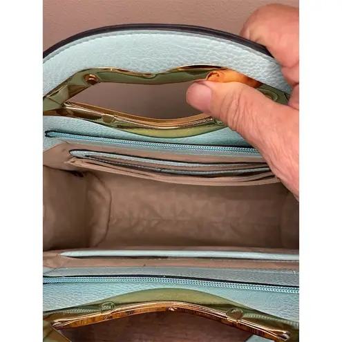 Light Blue Quilted Shoulder Bag with Gold Lip Handle Medium Size