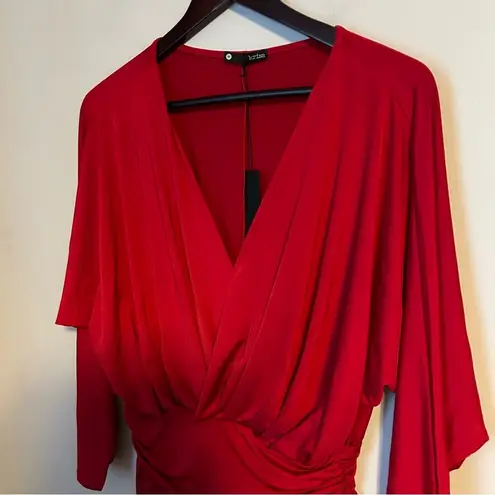 Krisa Dress Long Sleeve Red Faux Wrap Classic Solid Neutral Mini V-Neck Holiday