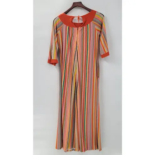 VTG Sears 70s Multicolor Striped House Coat Small Orange Robe Keyhole Back