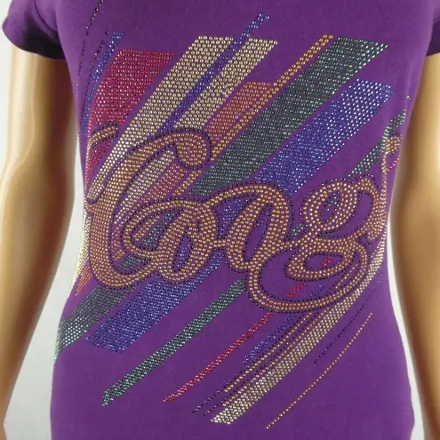 COOGI  Purple Rainbow Rhinestone Graphic V Neck Short Sleeve T Shirt Tee Medium