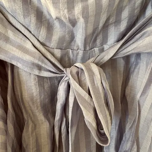 Lulus Tier and Now Dusty Blue Striped Strapless Ruffled Romper Gray