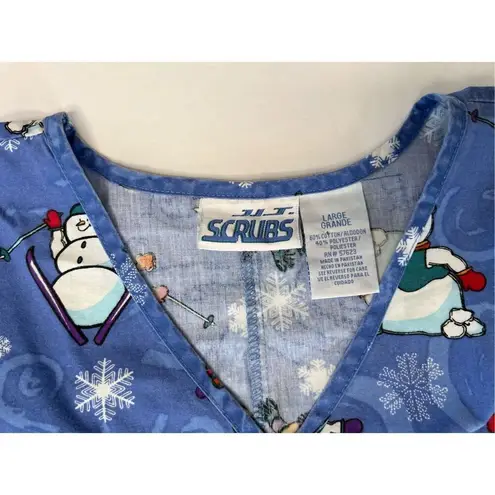 JIJ Scrubs Blue Snowman Snowflake Scrub Medical Top LARGE Wintertime Snow