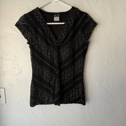 Paper Dolls Paper Doll Black Lace Gold Y2k V Neck Cap Slv Top Office Siren Going out Grunge