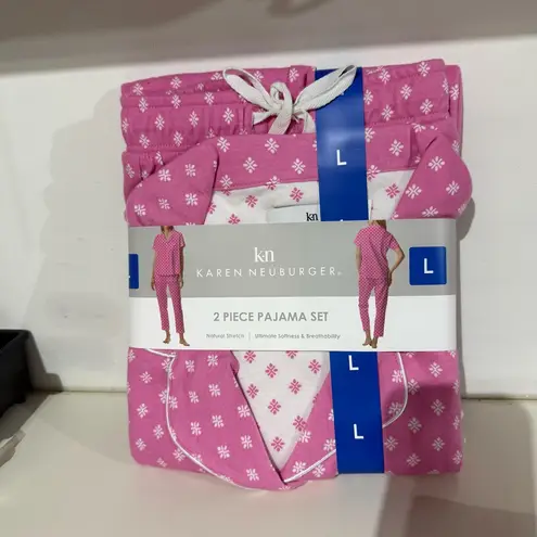 NWT Karen Neuburger Notch Collar 2Piece Slim Leg Pajama Set White Pink Geometric Size M