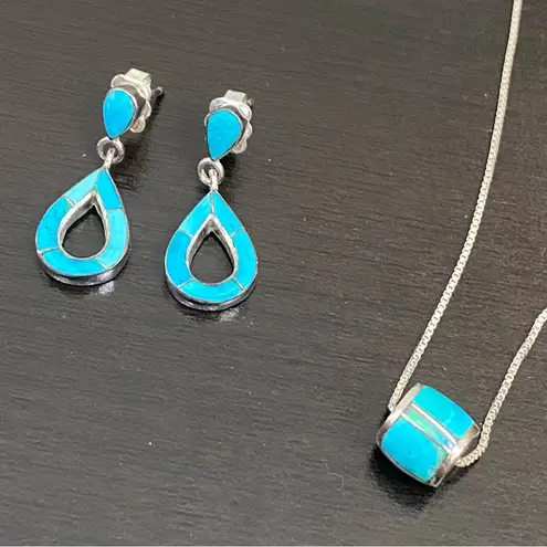 Sterling Silver Turquoise Inlay 16” Necklace and Earrings Set