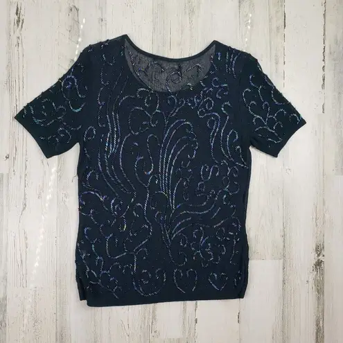Navy Blue Loose Knit Beaded Embellished Semi