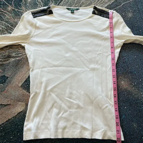 Vintage Lauren Ralph Lauren Zip Shoulder Ribbed Top White Y2K Preppy Streetwear Size M