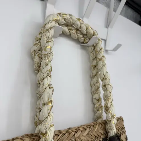 Sun 'N Sand Woven Straw Fabric Gold Metallic Tote Bag Boho Chain Chic Brown