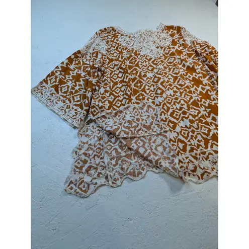 Solitaire Geometric Kaftan Tunic Top – Women's XL Rust White Lace Trim Rayon