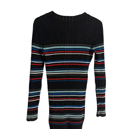 Parker  Bruna Black Multicolor Striped Long Sleeve Crewneck Knit Sweater Dress L