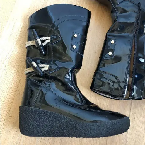 Burberry Authentic  Black Patent Leather Zip and Toggle Snow boots