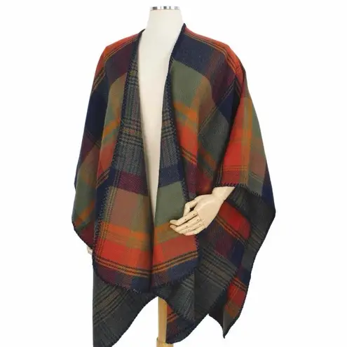 Reversible Rainbow Ruana Fall/Winter Mixed Plaid Cape Poncho Cape OS Orange Size undefined