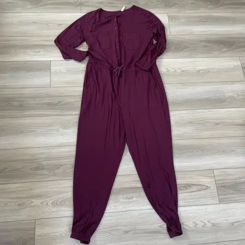 Lively Plum Long Sleeve Drawstring Waist V Neck Casual Jumpsuit Size Large Purple