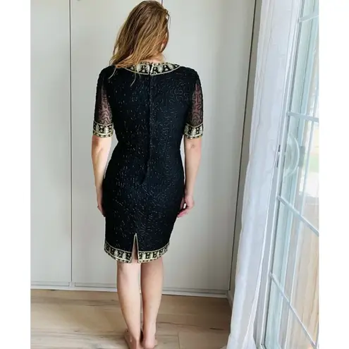 Vintage 80s Silk Beaded Sheath Dress, Formal, Black Tie Cocktail Kazar Blk/Gld Size 6