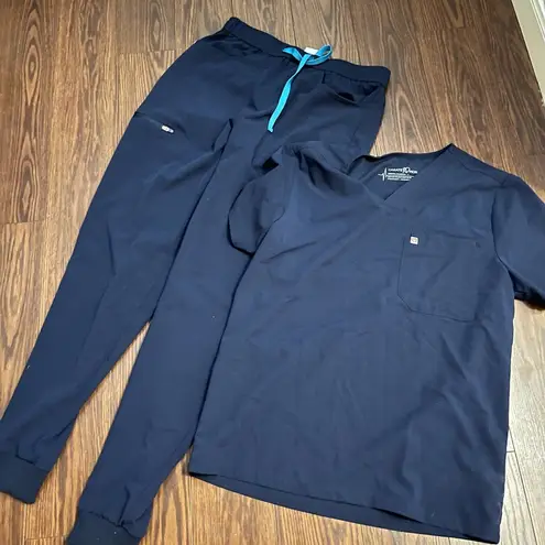 Womens create amor Navy Blue Scrub Set with Teal Drawstring - Image 1