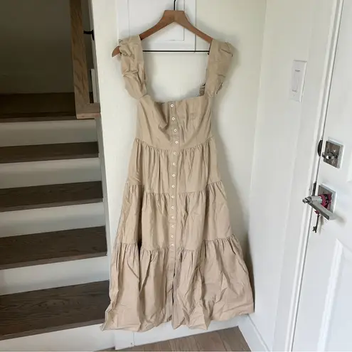 STAUD Elio Off Shoulder Linen Blend Tiered Dress Beige / Khaki / Tan