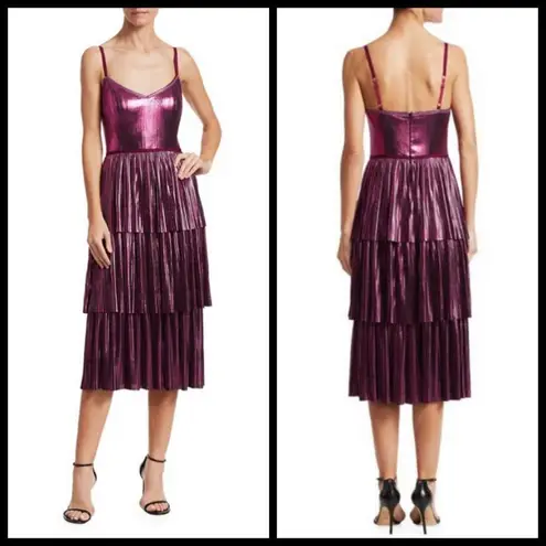 đź’•MARCHESA NOTTEđź’• Lame Pleated Tiered Midi Length Cocktail Dress Lilac Purple 0