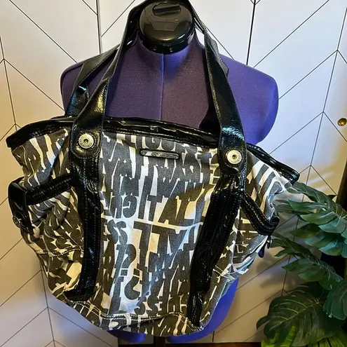 Guess  Y2K Black & White Cotton Fabric Faux Leather Oversized Tote Bag Purse