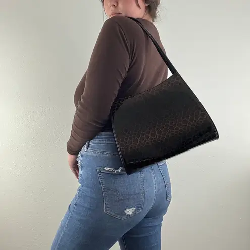 Vintage 90s Black Dark Brown Shiny Faux Leather Croc Embossed Shoulder Bag