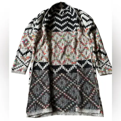 Dreamers Black and Cream Multicolor Chevron Cardigan with Floral Accents Size S