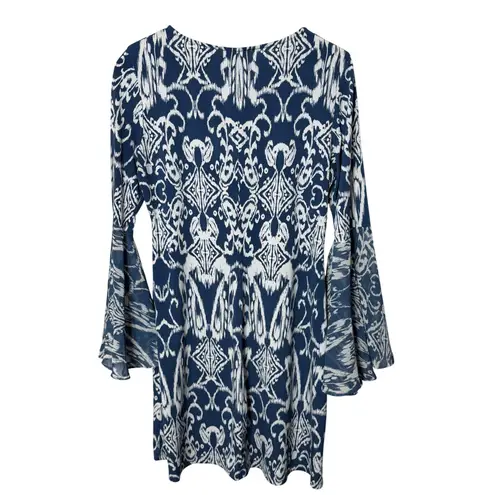 MSK Blue White Print Bell Sleeve Dress Mini Party Boho Batik Retro Cocktail Date Size M
