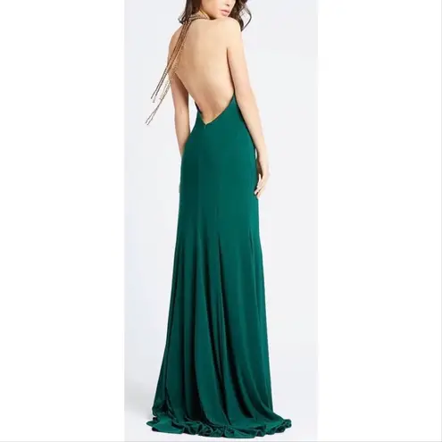 Mac Duggal  25572 Beaded High Halter Neck Open Back Slit Gown