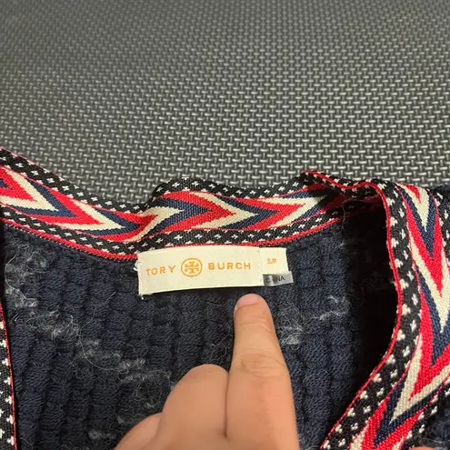 Tory Burch  Tweed Trim Cardigan Sweater Coat Blue Red‎ Gold Womens size small