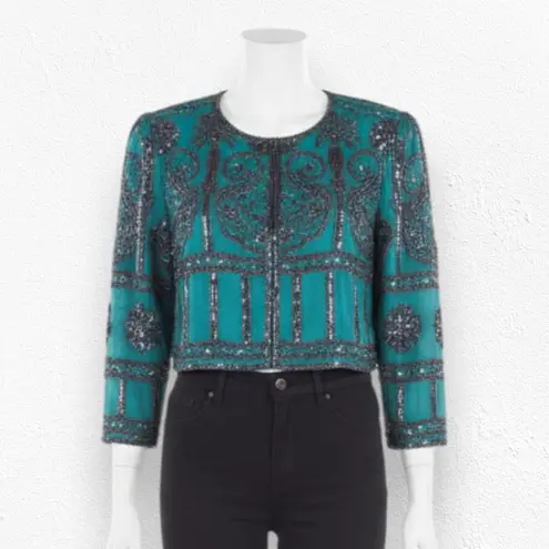 80s Vintage Green Black Silk Beaded Sequin Cropped Designer Jacket Size Large