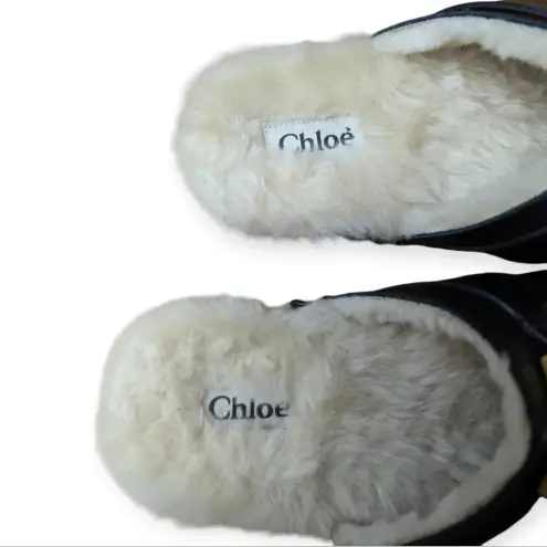 Chloé Leather Mules Black Size 6 Shearling Slip-On Designer Luxury