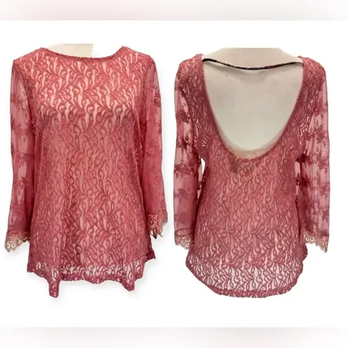Gimmicks by BKE Sheer Mauve Mixed Lace Bell Sleeve Top w Eyelash Fringe Small