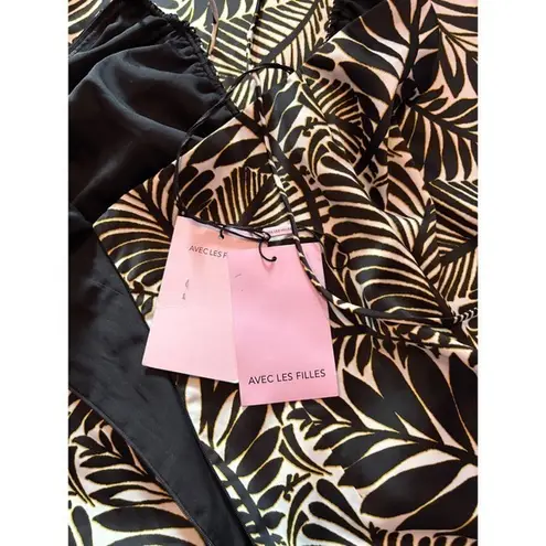 Avec Les Filles NWT Black Palm Allover Printed Halter Satin Midi Dress Large