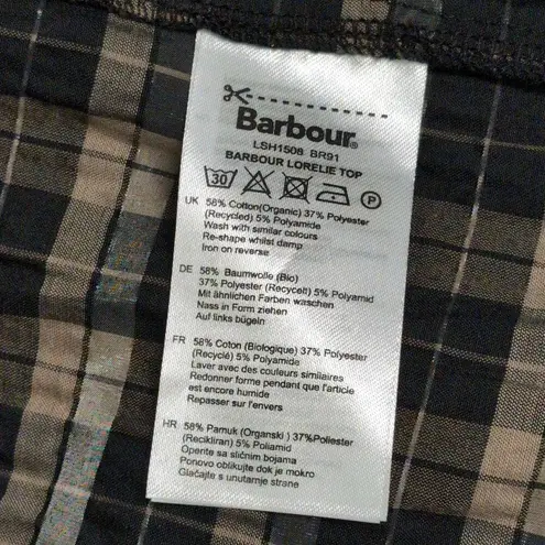 Barbour Lorelie Top Praline Plaid V-neck Seersucker Puff Sleeves 8 New